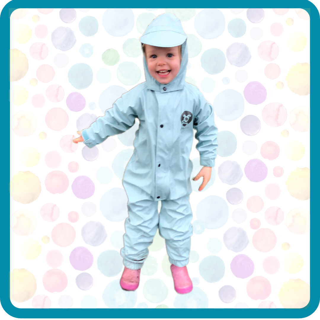 Functional puddle suit prototype #1. Our R&D team really put these to the test jumping in puddles and splashing as best they could. The puddle suit held up pretty well but still needed some tweaks. No puddle left un-jumped for testing.